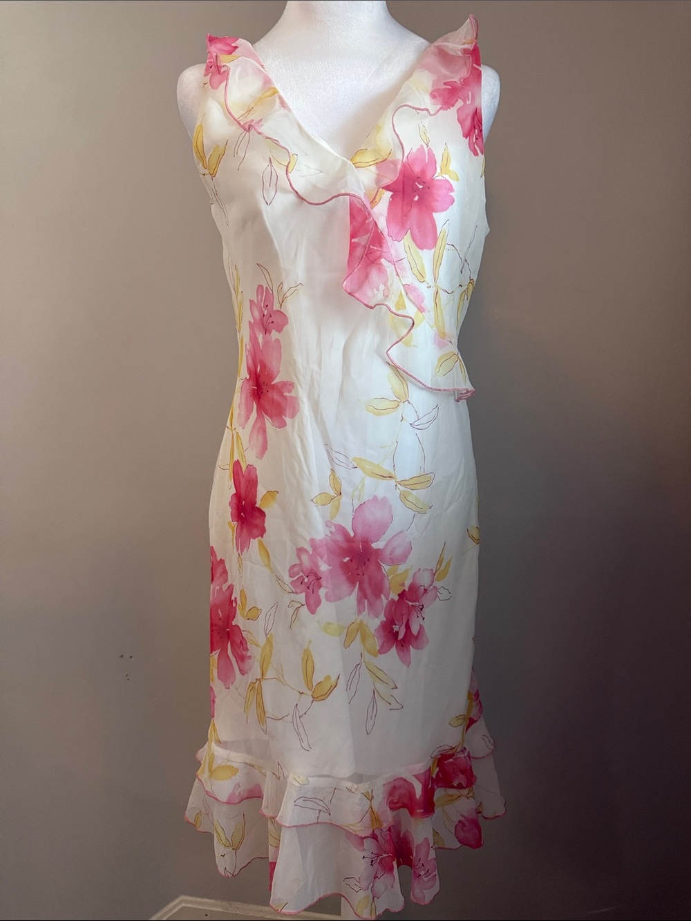 Studio Y Floral Ruffle V-Neck Sleeveless Dress - Pink & Yellow Flowers Sz 8
